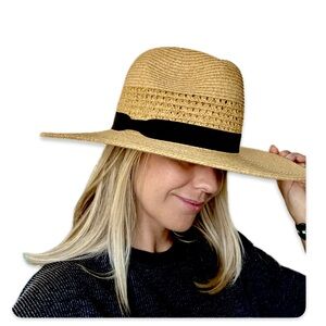 Nine West Straw Panama Hat with Black Ribbon